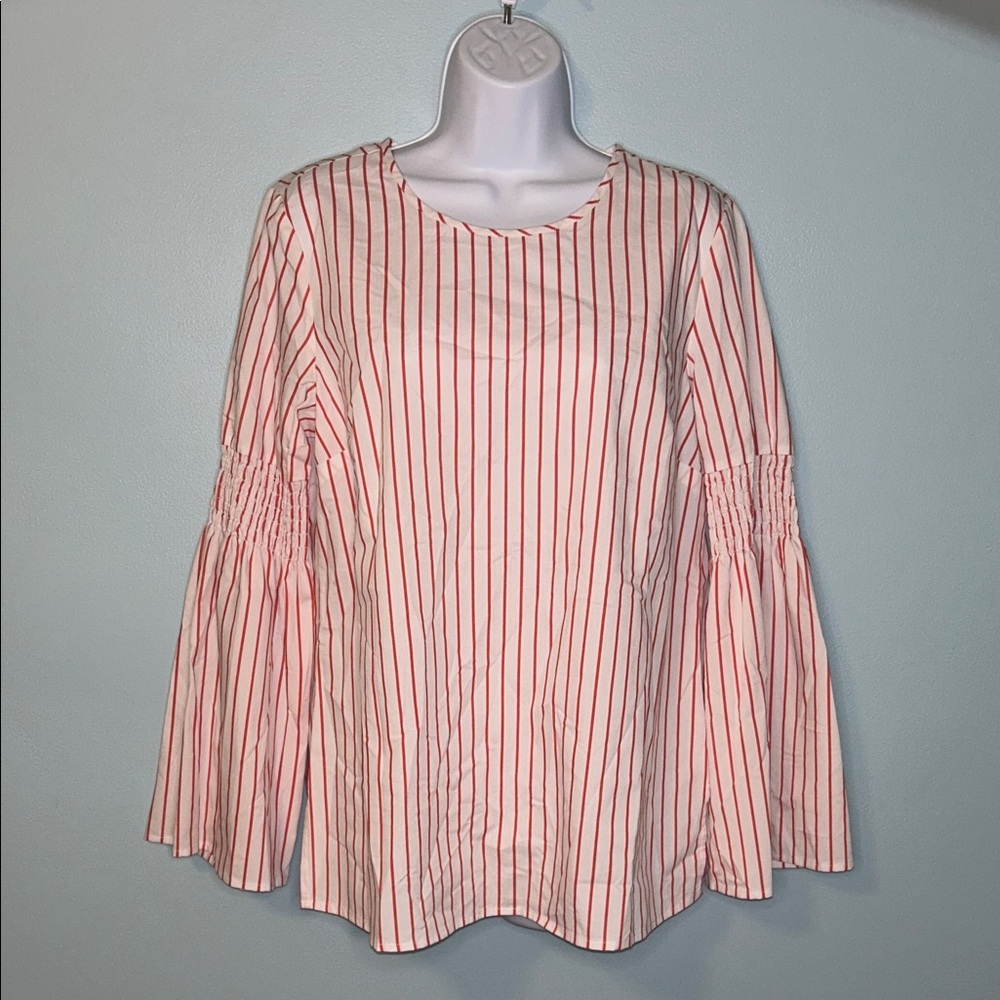 NWT Michael Kors Red Striped Long Bell Smocked Sleeve Blouse, Medium